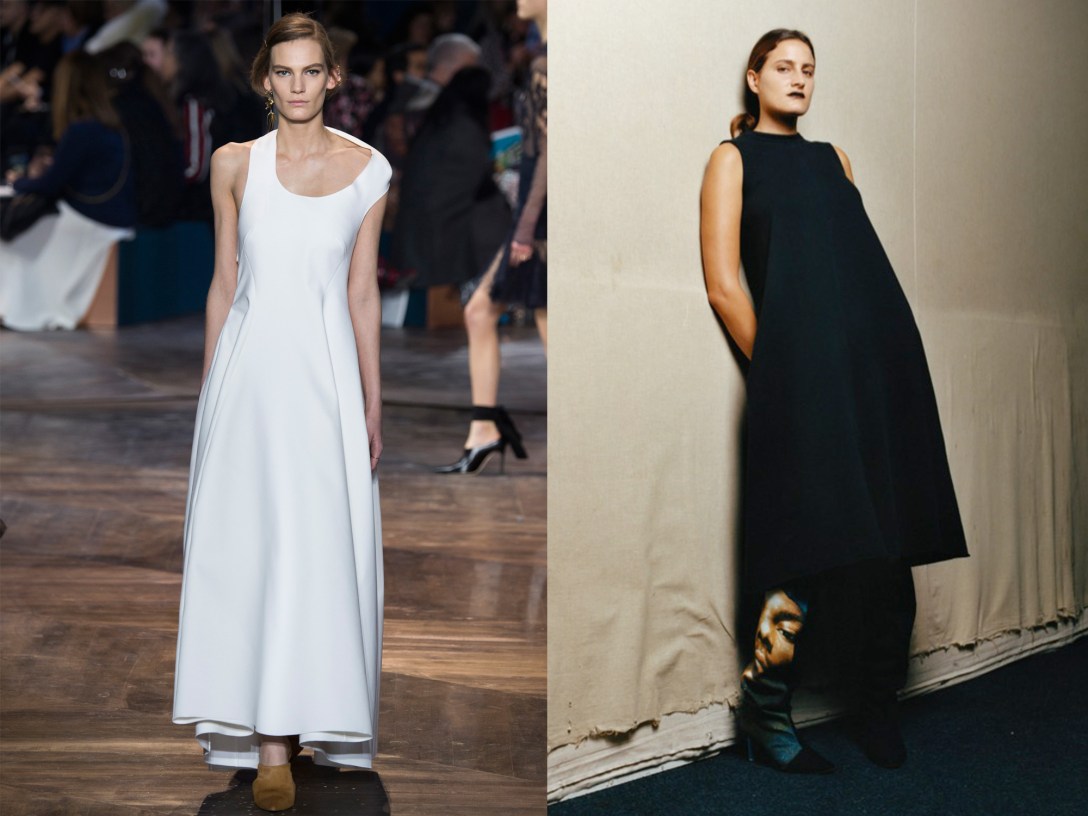 Composite shot of two women, one wearing a white Dior gown that flares out, the other wearing a black Vetements dress with a similar silhouette